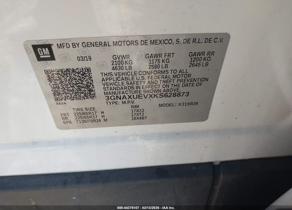 2019 CHEVROLET EQUINOX LT VIN: 3GNAXUEVXKS628873