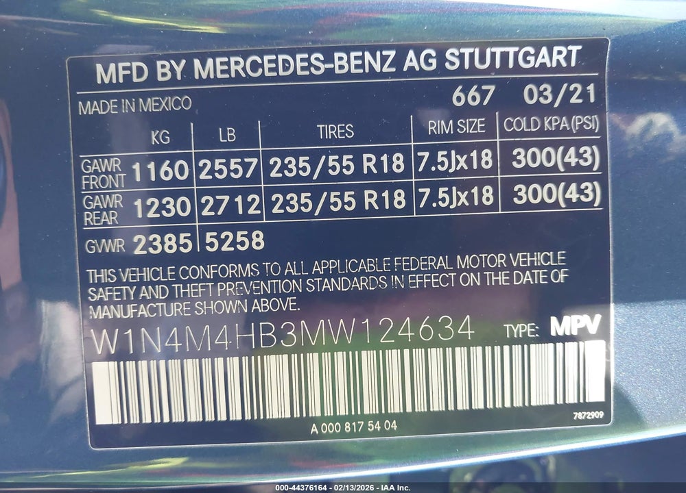 2021 MERCEDES-BENZ GLB 250 4MATIC VIN: W1N4M4HB3MW124634
