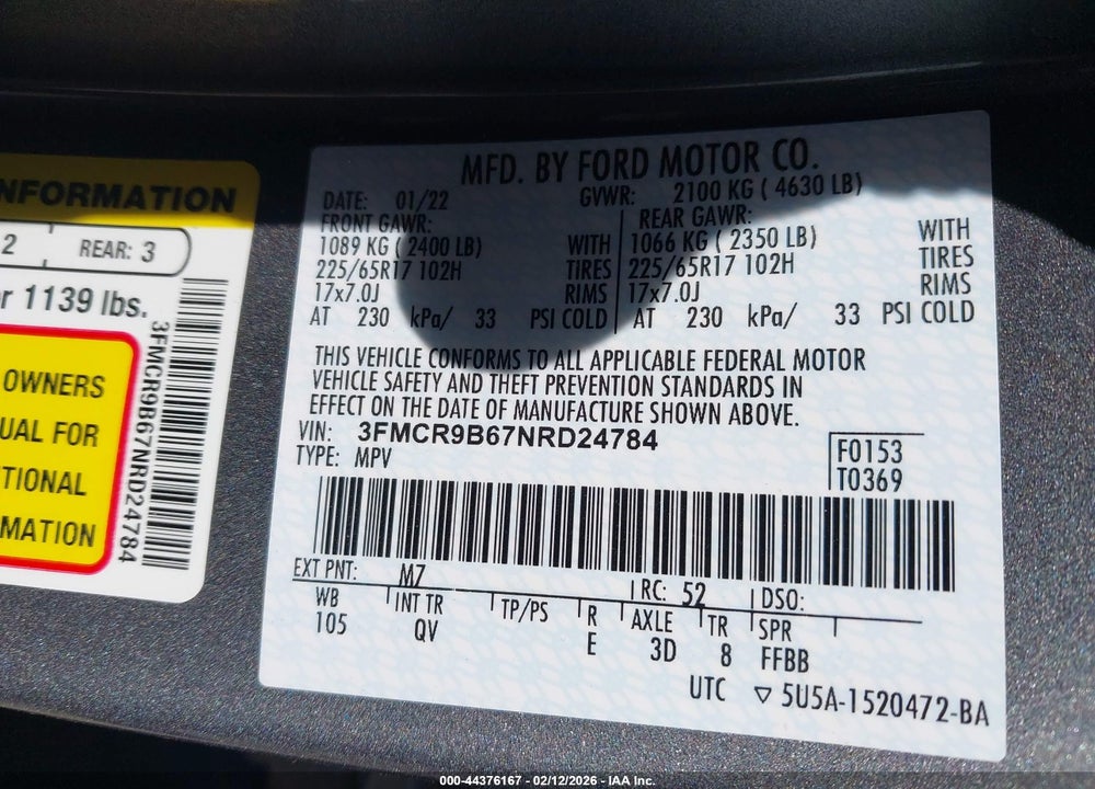 2022 FORD BRONCO SPORT BIG BEND VIN: 3FMCR9B67NRD24784