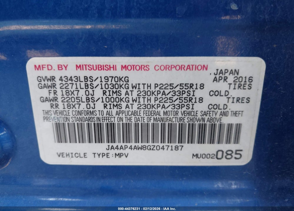 2016 MITSUBISHI OUTLANDER SPORT 2.4 GT/2.4 SEL VIN: JA4AP4AW8GZ047187