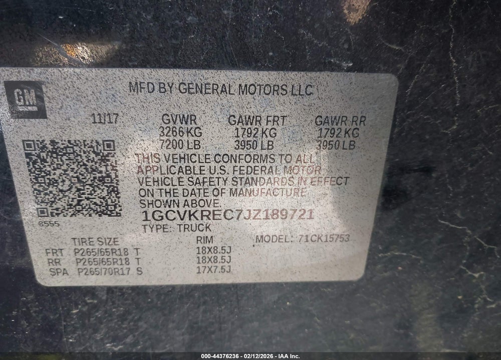 2018 CHEVROLET SILVERADO 1500 2LT VIN: 1GCVKREC7JZ189721