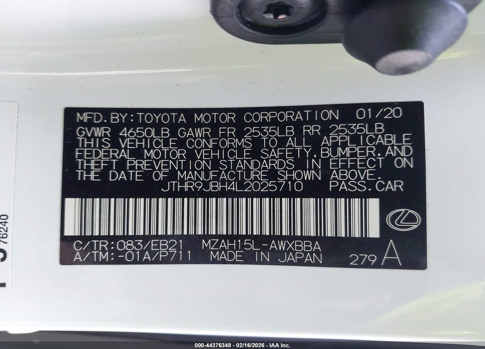 2020 LEXUS UX 250H F SPORT VIN: JTHR9JBH4L2025710