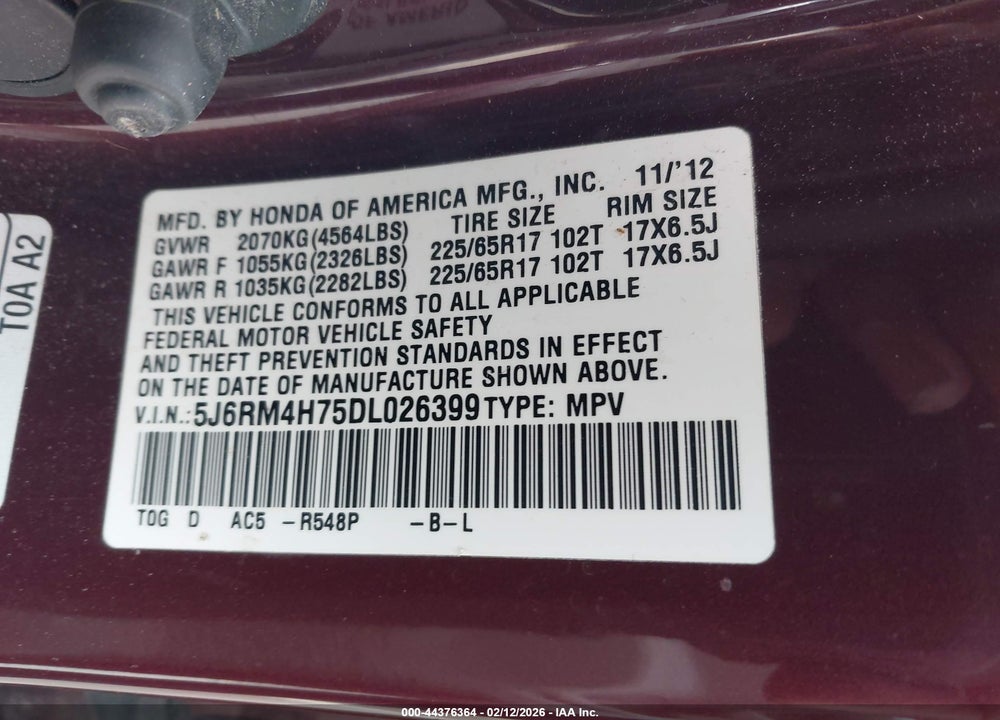 2013 HONDA CR-V EX-L VIN: 5J6RM4H75DL026399