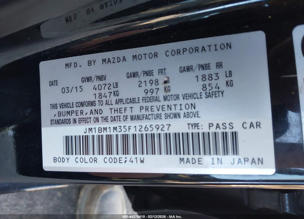 2015 MAZDA 3 VIN: JM1BM1M35F1265927