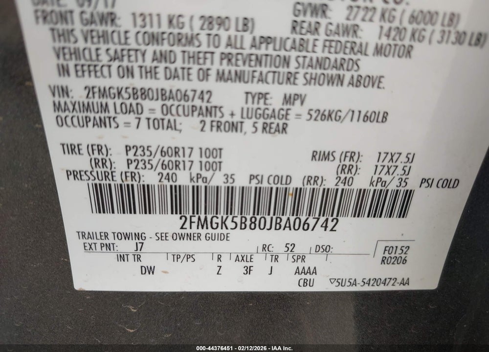 2018 FORD FLEX SE VIN: 2FMGK5B80JBA06742