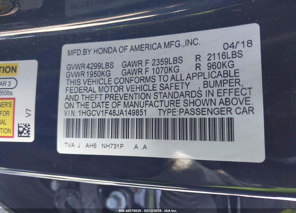 2018 HONDA ACCORD EX VIN: 1HGCV1F48JA149851