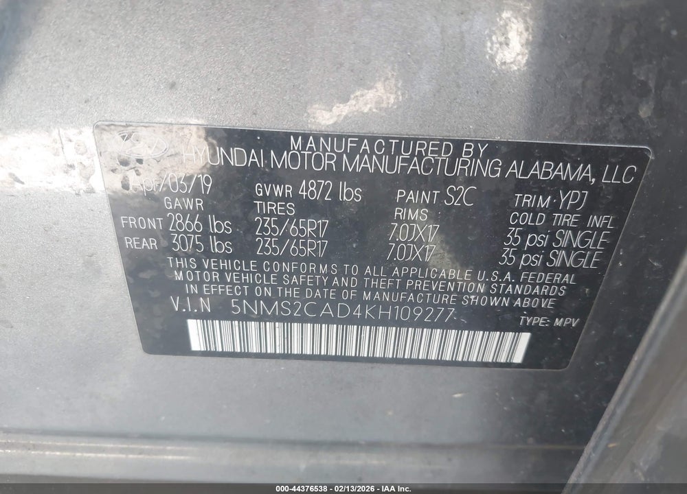 2019 HYUNDAI SANTA FE SE VIN: 5NMS2CAD4KH109277