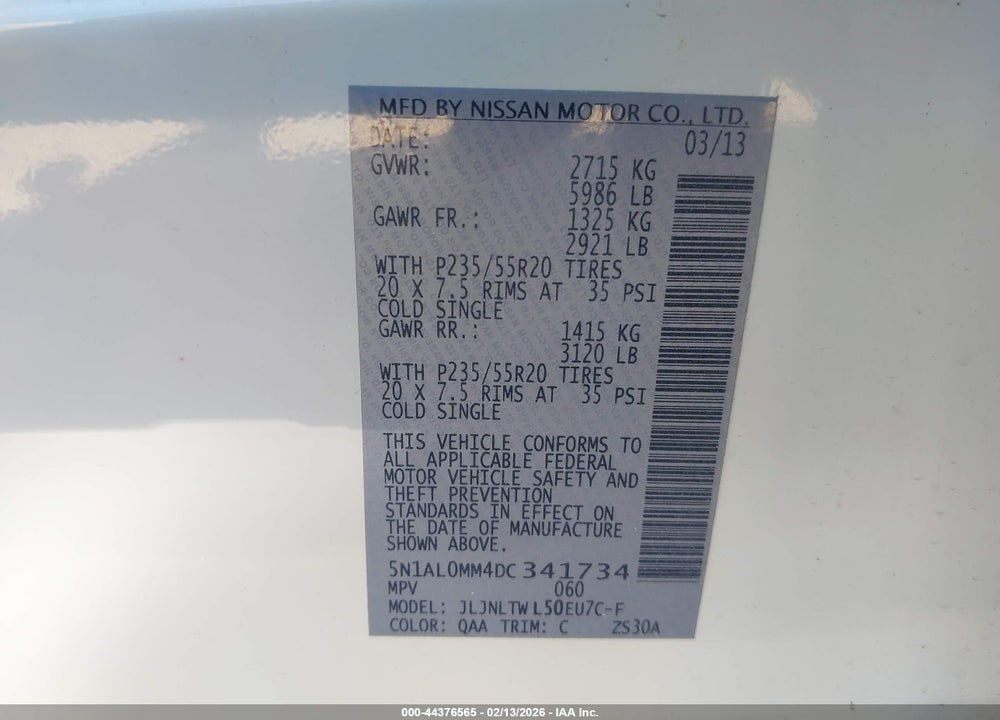 2013 INFINITI JX35 VIN: 5N1AL0MM4DC341734