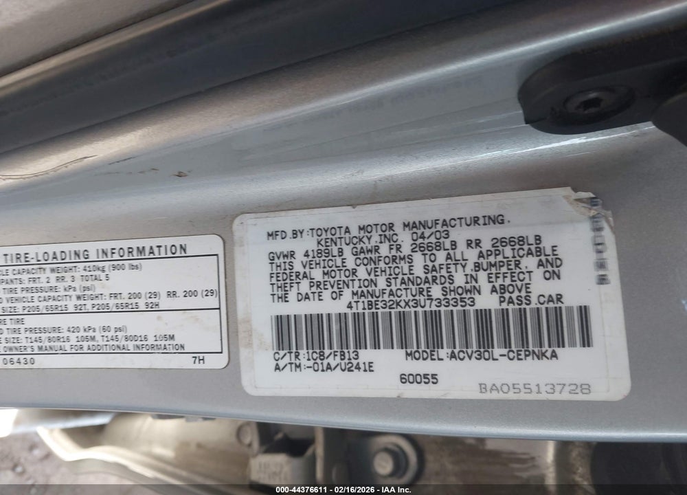 2003 TOYOTA CAMRY LE VIN: 4T1BE32KX3U733353