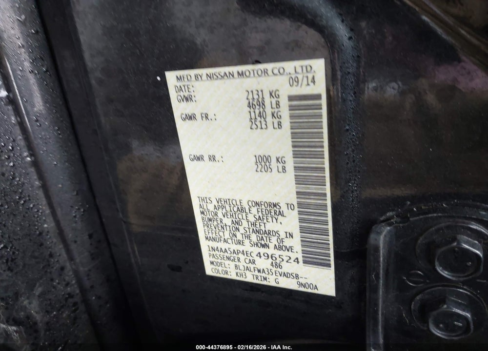 2014 NISSAN MAXIMA 3.5 SV VIN: 1N4AA5AP4EC496524