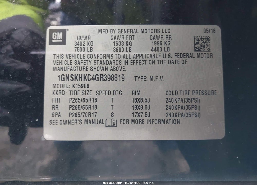 2016 CHEVROLET SUBURBAN LT VIN: 1GNSKHKC4GR398819