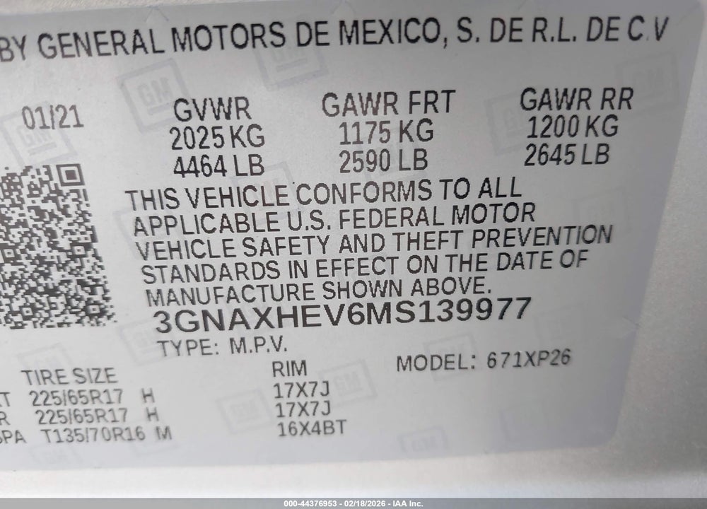 2021 CHEVROLET EQUINOX FWD LS VIN: 3GNAXHEV6MS139977