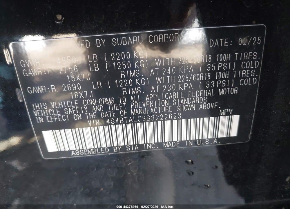 2025 SUBARU OUTBACK ONYX EDITION VIN: 4S4BTALC3S3222623