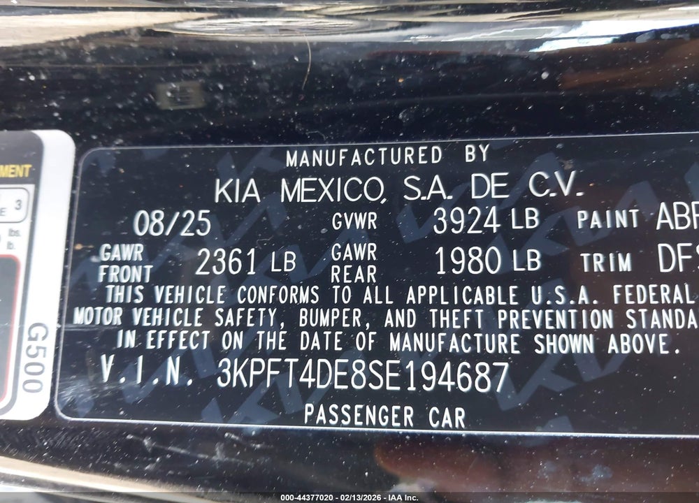 2025 KIA K4 LXS VIN: 3KPFT4DE8SE194687