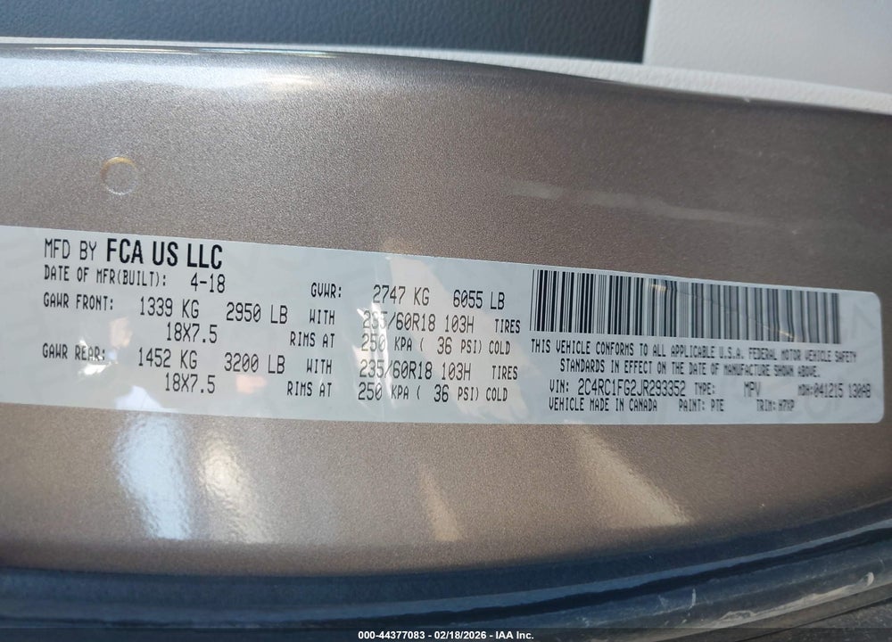 2018 CHRYSLER PACIFICA TOURING PLUS VIN: 2C4RC1FG2JR293352