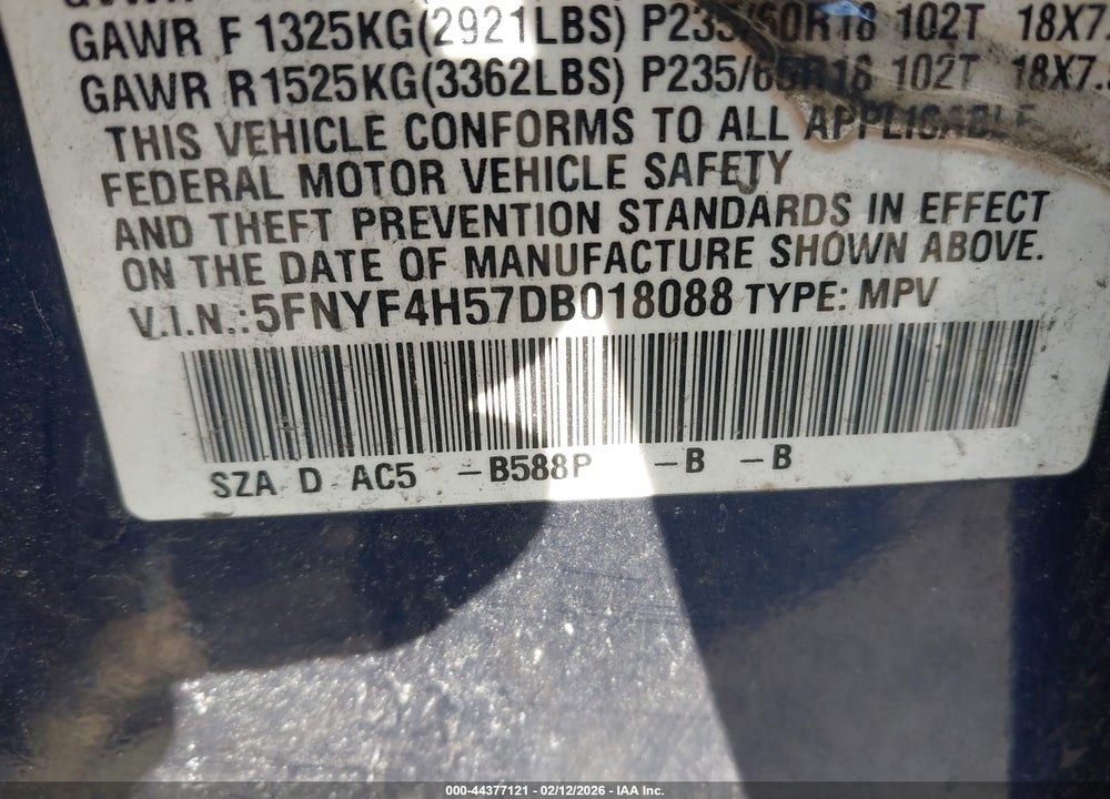 2013 HONDA PILOT EX-L VIN: 5FNYF4H57DB018088
