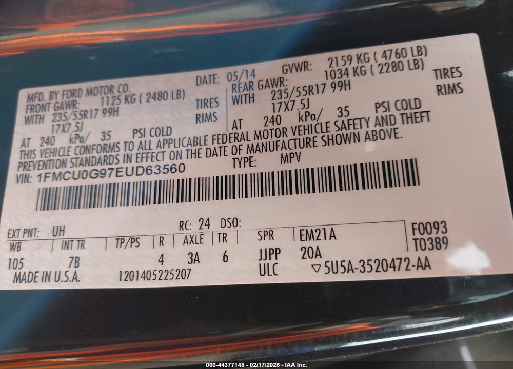 2014 FORD ESCAPE SE VIN: 1FMCU0G97EUD63560