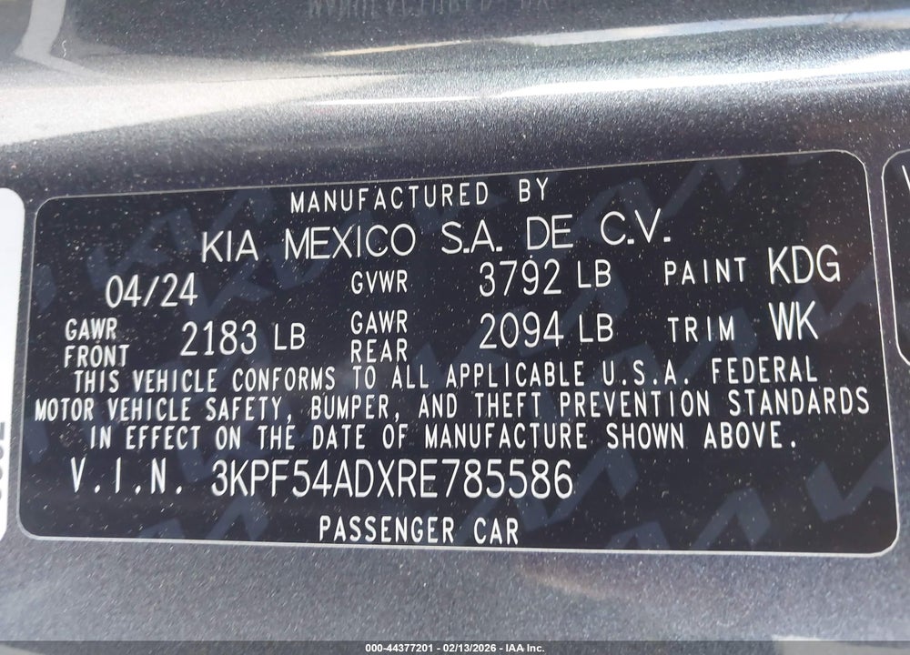 2024 KIA FORTE GT-LINE VIN: 3KPF54ADXRE785586