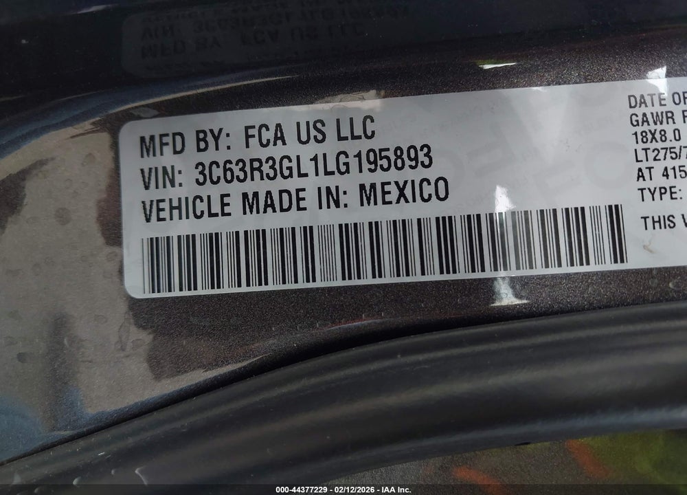 2020 RAM 3500 TRADESMAN  4X4 8' BOX VIN: 3C63R3GL1LG195893