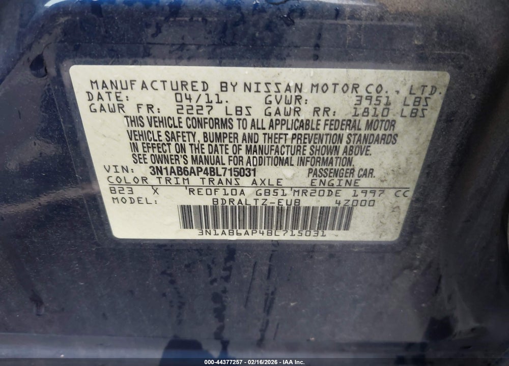 2011 NISSAN SENTRA 2.0S VIN: 3N1AB6AP4BL715031