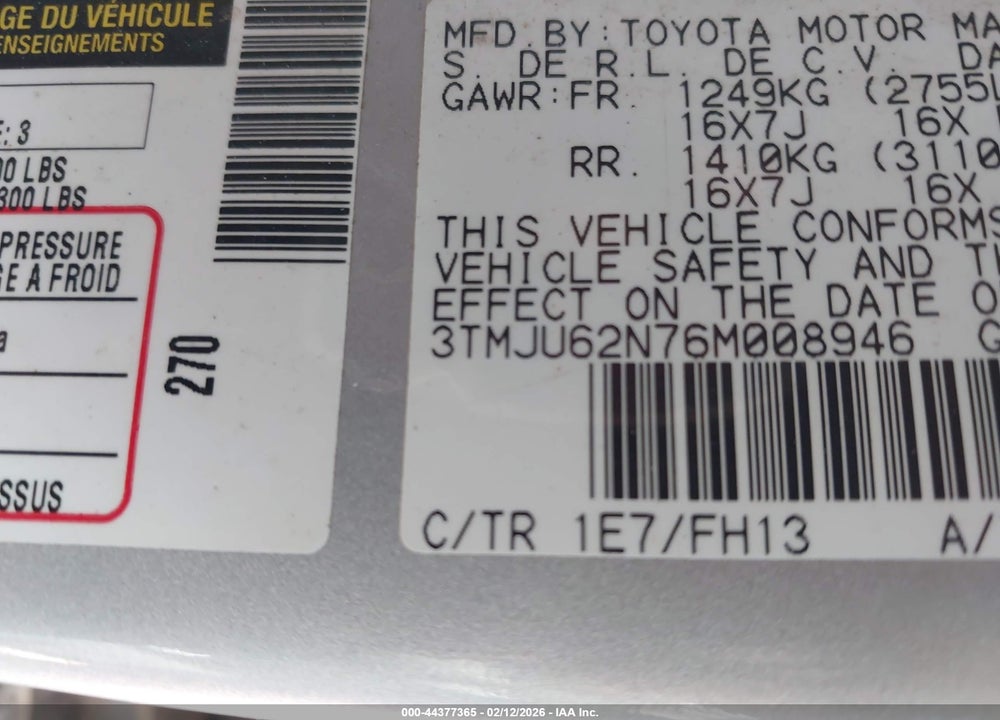 2006 TOYOTA TACOMA PRERUNNER V6 VIN: 3TMJU62N76M008946