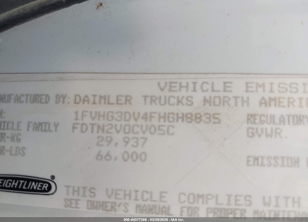 2015 FREIGHTLINER 114SD VIN: 1FVHG3DV4FHGH8835