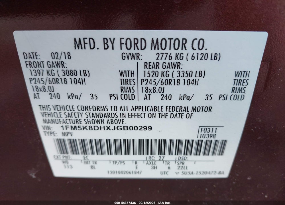 2018 FORD EXPLORER XLT VIN: 1FM5K8DHXJGB00299