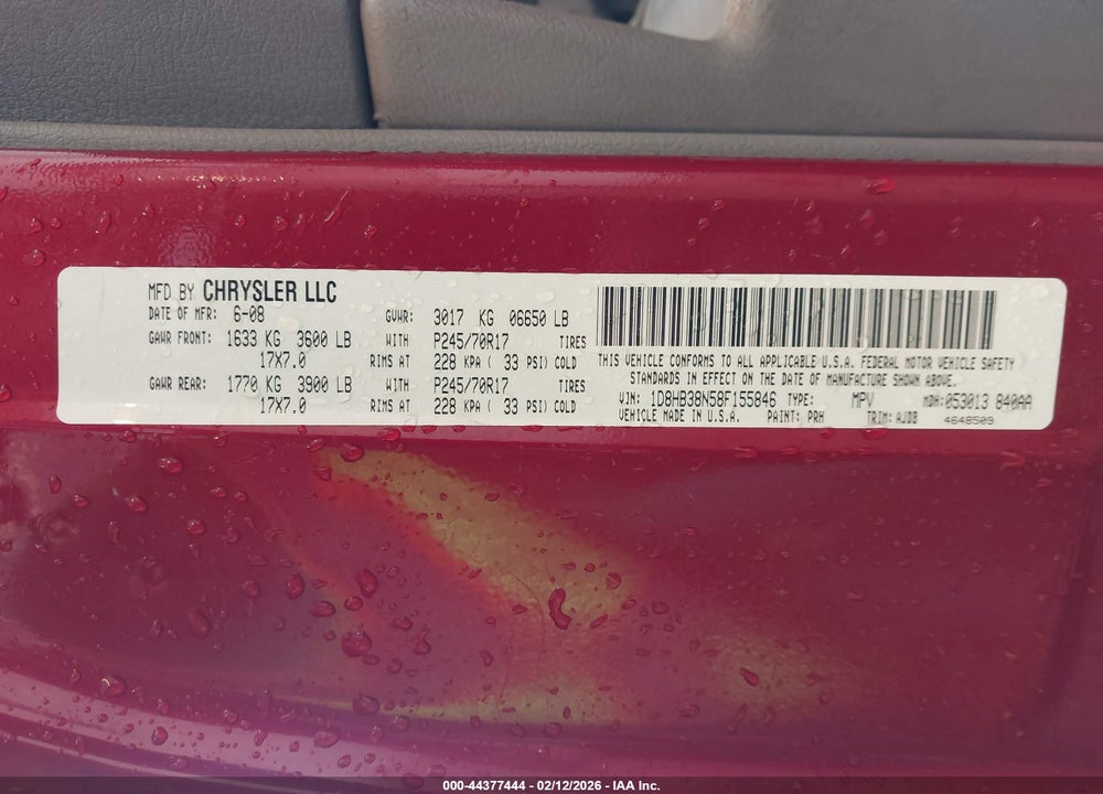 2008 DODGE DURANGO SXT VIN: 1D8HB38N58F155846