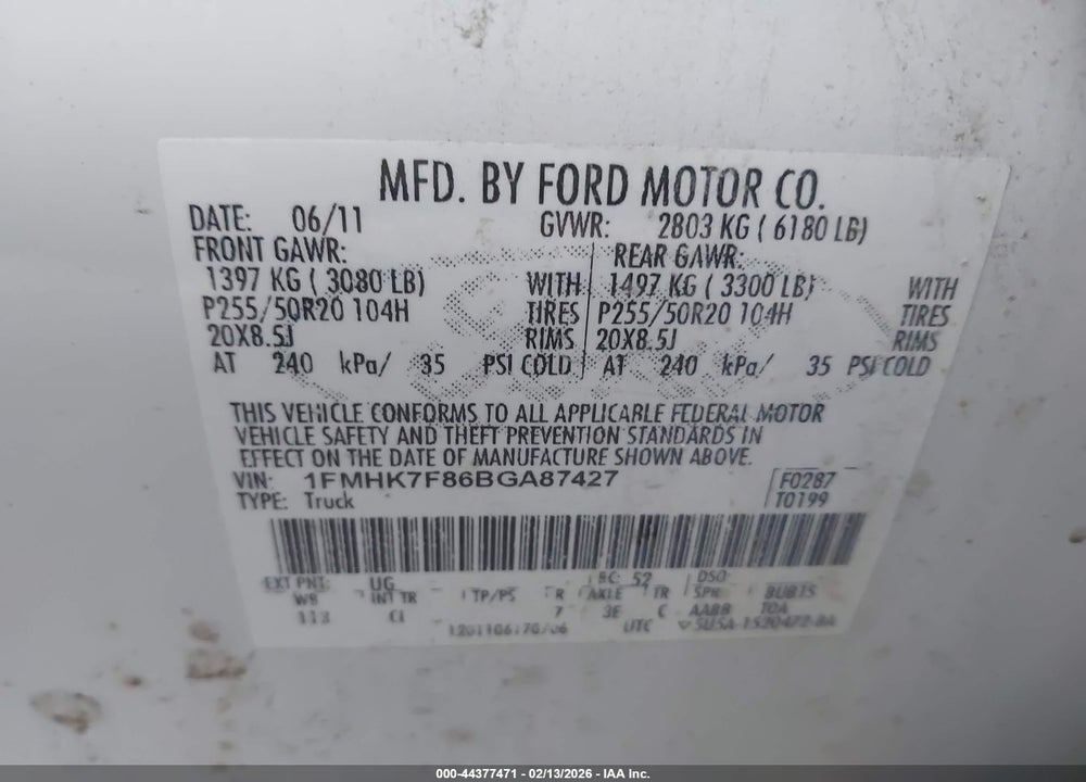 2011 FORD EXPLORER LIMITED VIN: 1FMHK7F86BGA87427