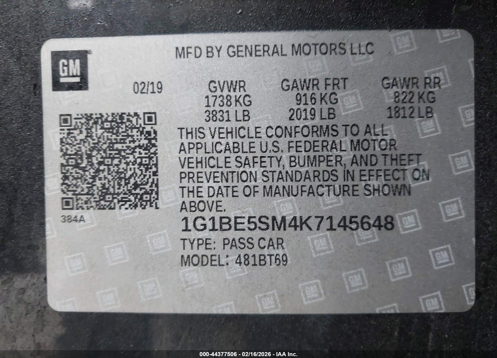2019 CHEVROLET CRUZE LT VIN: 1G1BE5SM4K7145648