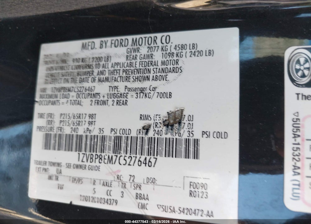 2012 FORD MUSTANG V6 VIN: 1ZVBP8EM7C5276467