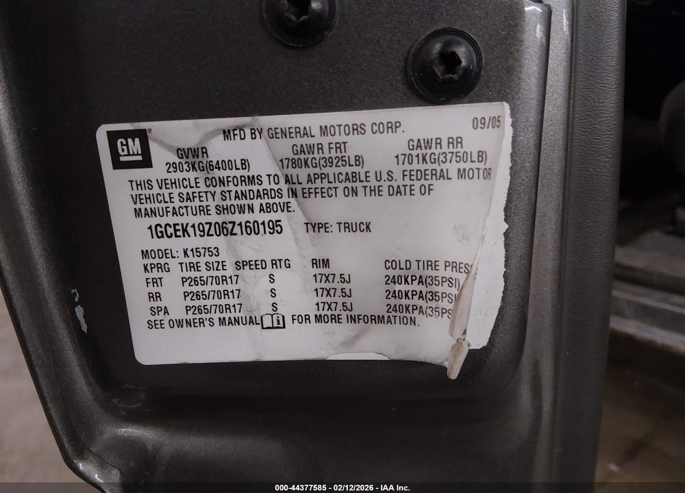 2006 CHEVROLET SILVERADO 1500 LT1 VIN: 1GCEK19Z06Z160195