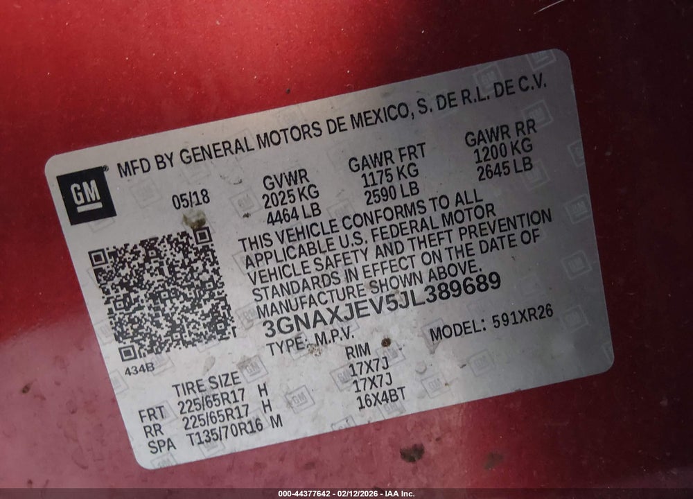 2018 CHEVROLET EQUINOX LT VIN: 3GNAXJEV5JL389689