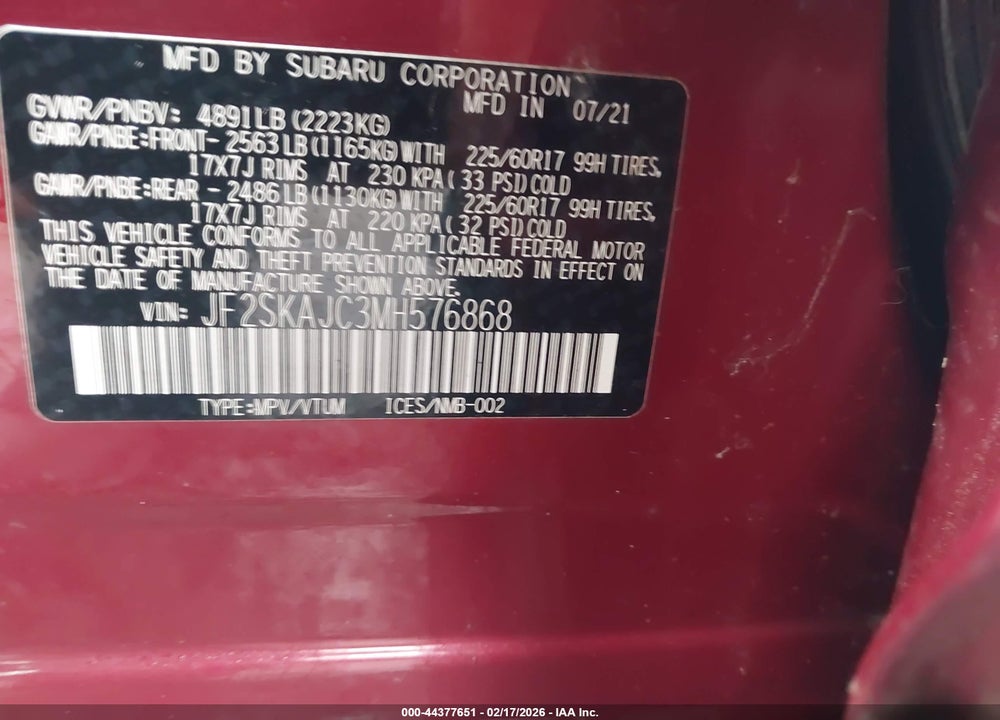 2021 SUBARU FORESTER PREMIUM VIN: JF2SKAJC3MH576868
