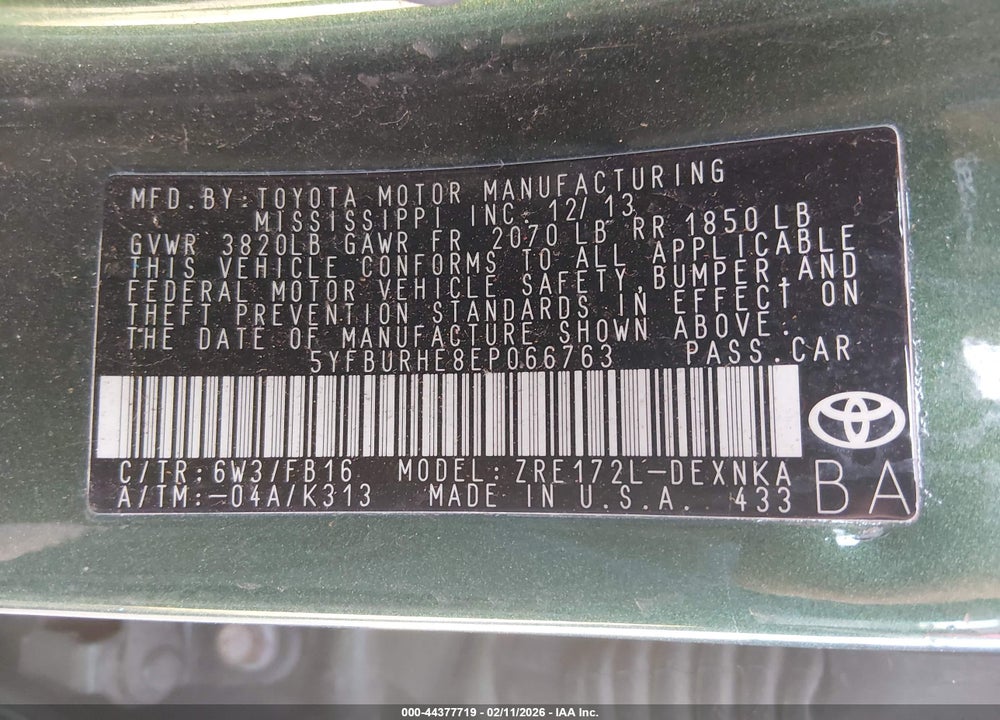 2014 TOYOTA COROLLA LE VIN: 5YFBURHE8EP066763