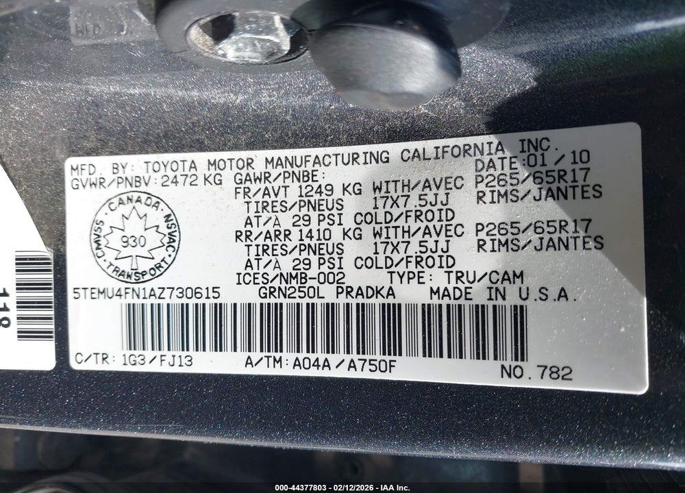 2010 TOYOTA TACOMA V6 VIN: 5TEMU4FN1AZ730615