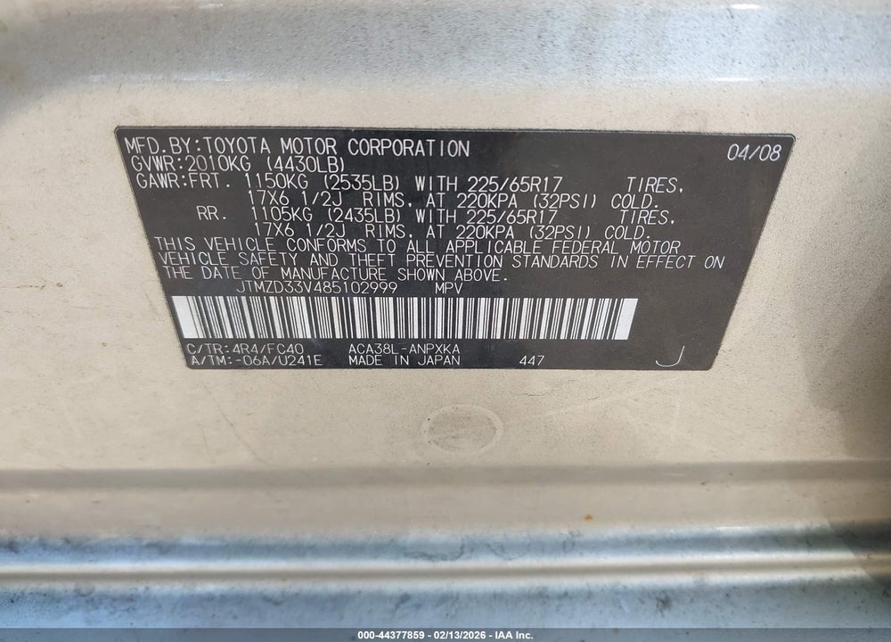 2008 TOYOTA RAV4 VIN: JTMZD33V485102999