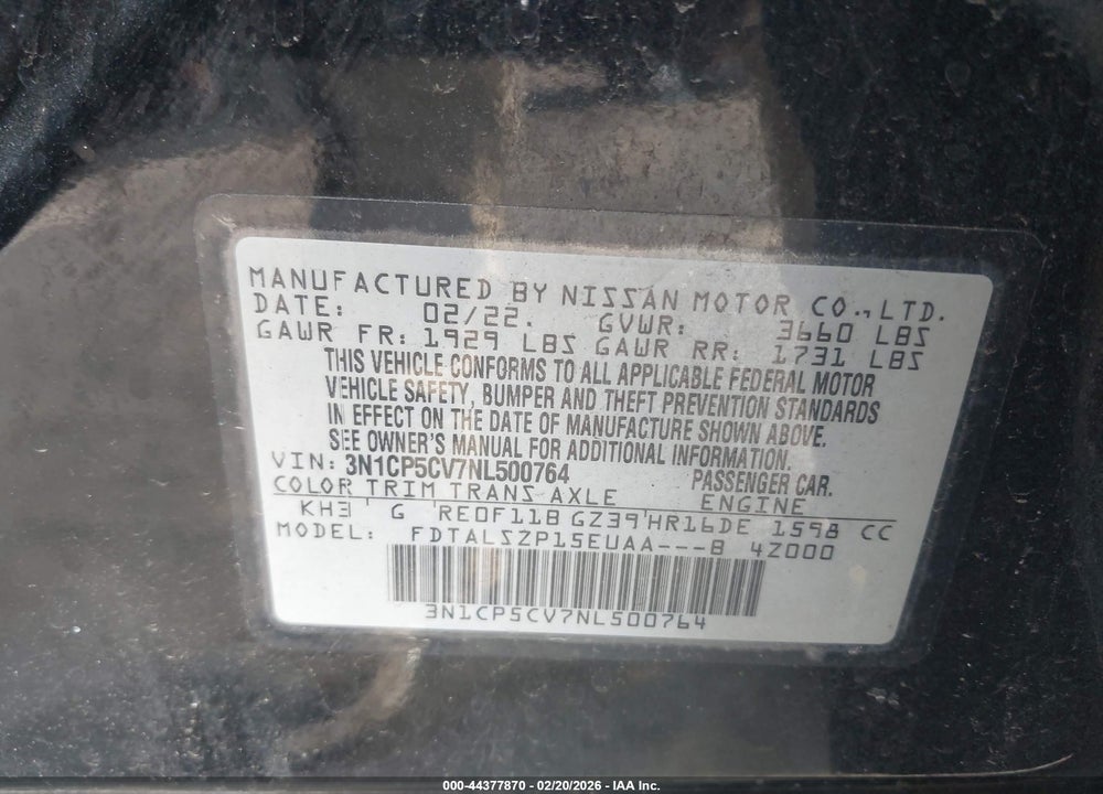 2022 NISSAN KICKS SV XTRONIC CVT VIN: 3N1CP5CV7NL500764