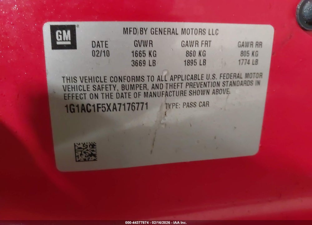 2010 CHEVROLET COBALT LT VIN: 1G1AC1F5XA7176771
