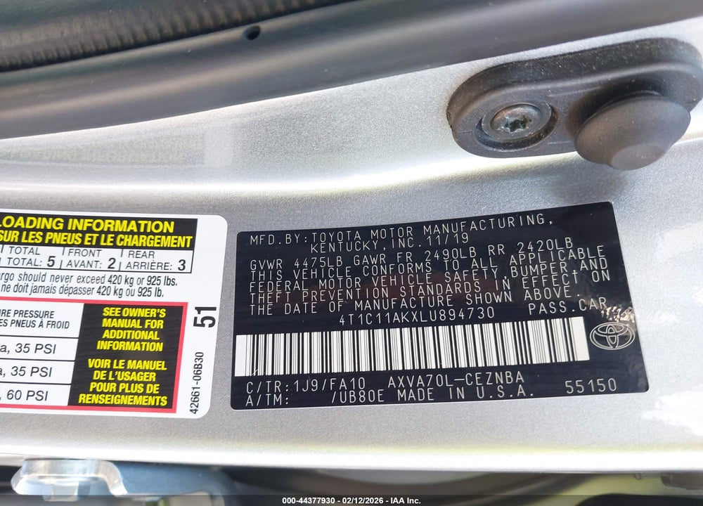 2020 TOYOTA CAMRY LE VIN: 4T1C11AKXLU894730