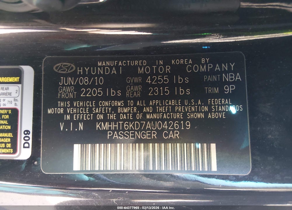 2010 HYUNDAI GENESIS 2.0T R-SPEC VIN: KMHHT6KD7AU042619