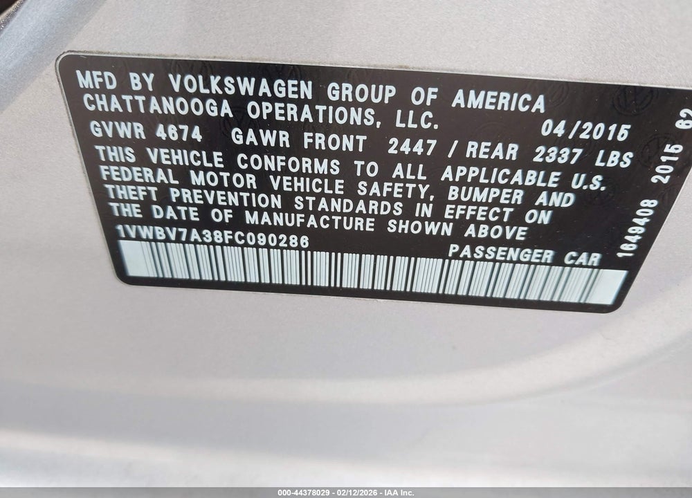 2015 VOLKSWAGEN PASSAT 2.0L TDI SE VIN: 1VWBV7A38FC090286