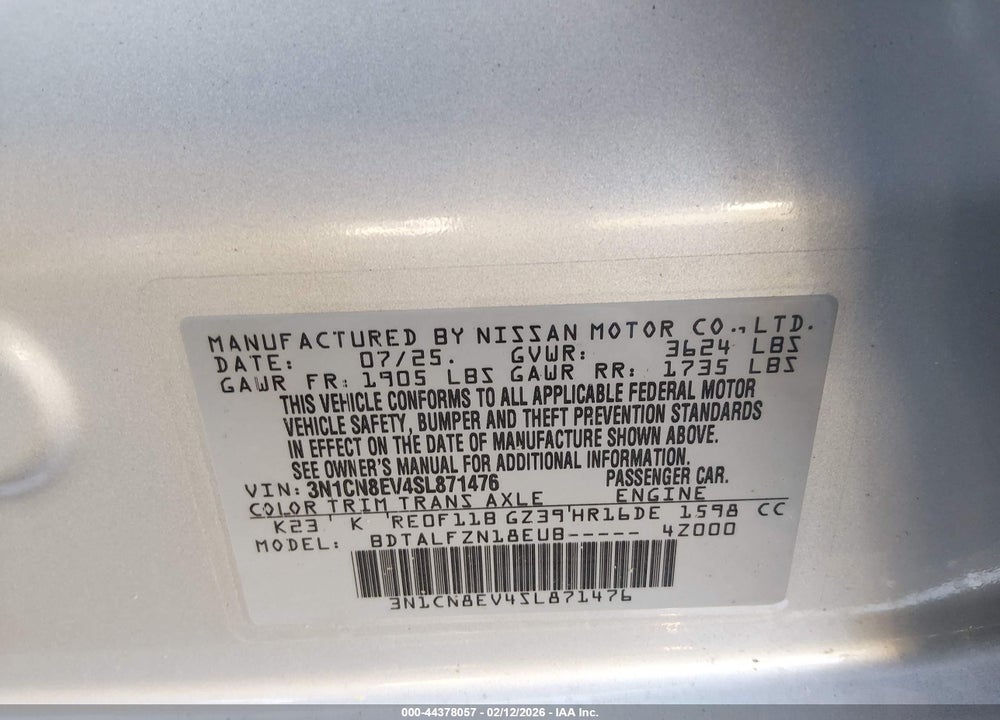 2025 NISSAN VERSA 1.6 SV VIN: 3N1CN8EV4SL871476