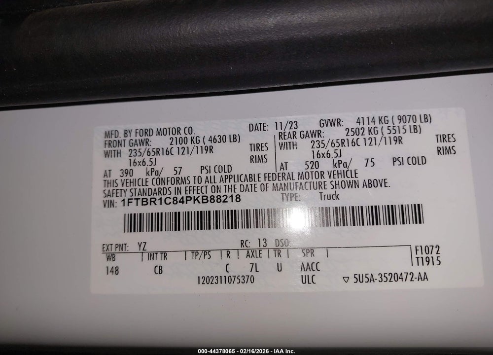 2023 FORD TRANSIT-250 VIN: 1FTBR1C84PKB88218