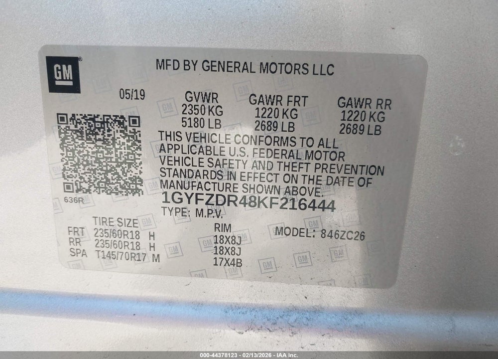 2019 CADILLAC XT4 PREMIUM LUXURY VIN: 1GYFZDR48KF216444