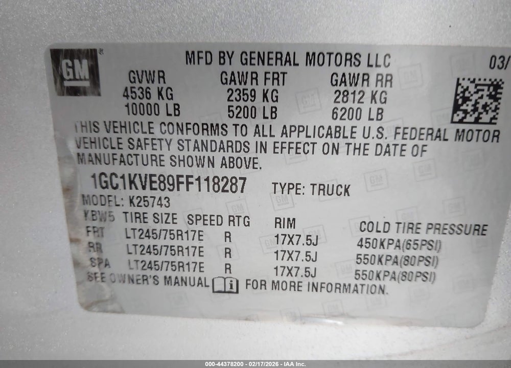 2015 CHEVROLET SILVERADO 2500HD LT VIN: 1GC1KVE89FF118287