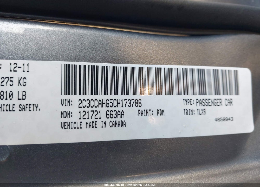 2012 CHRYSLER 300 LIMITED VIN: 2C3CCAHG5CH173786
