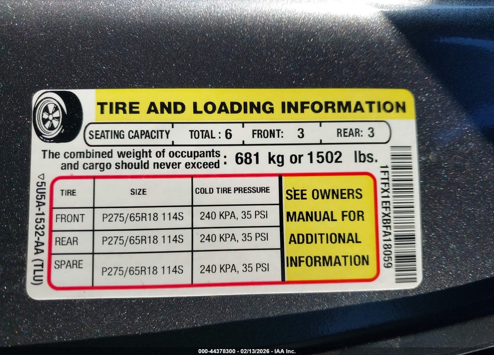 2011 FORD F-150 XLT VIN: 1FTFX1EFXBFA18059