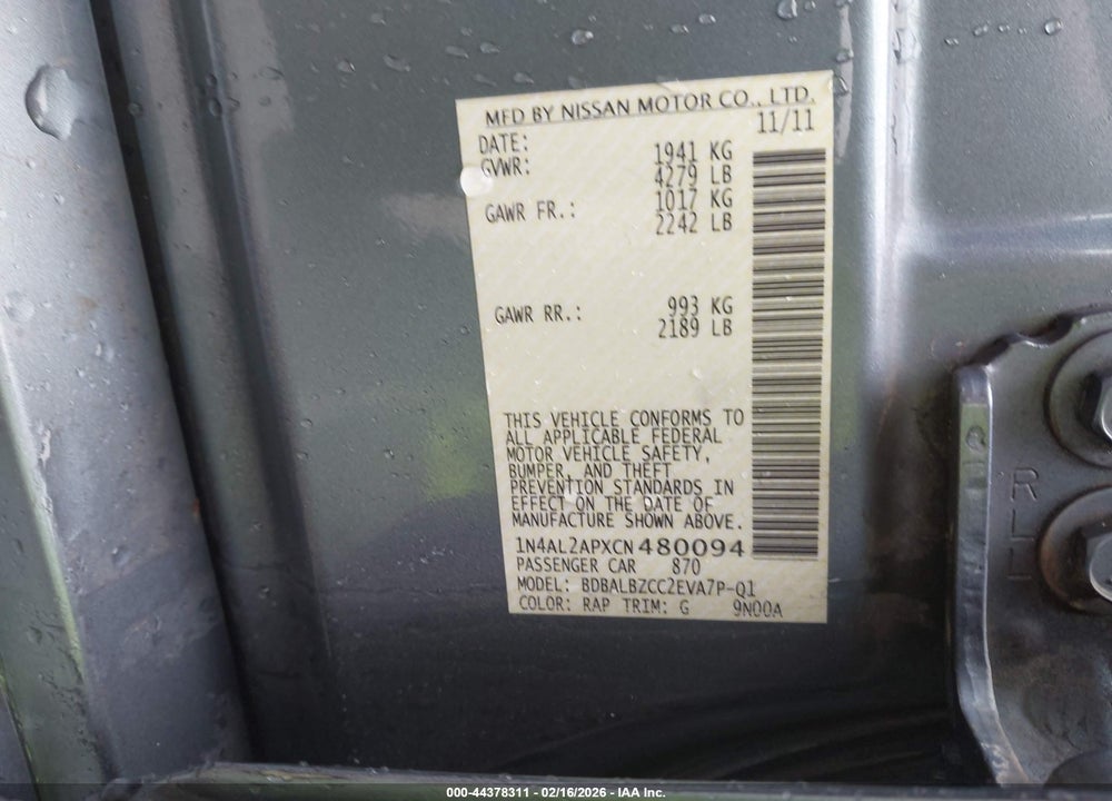 2012 NISSAN ALTIMA 2.5 S VIN: 1N4AL2APXCN480094