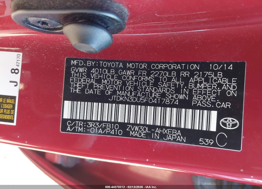 2015 TOYOTA PRIUS TWO VIN: JTDKN3DU5F0417874